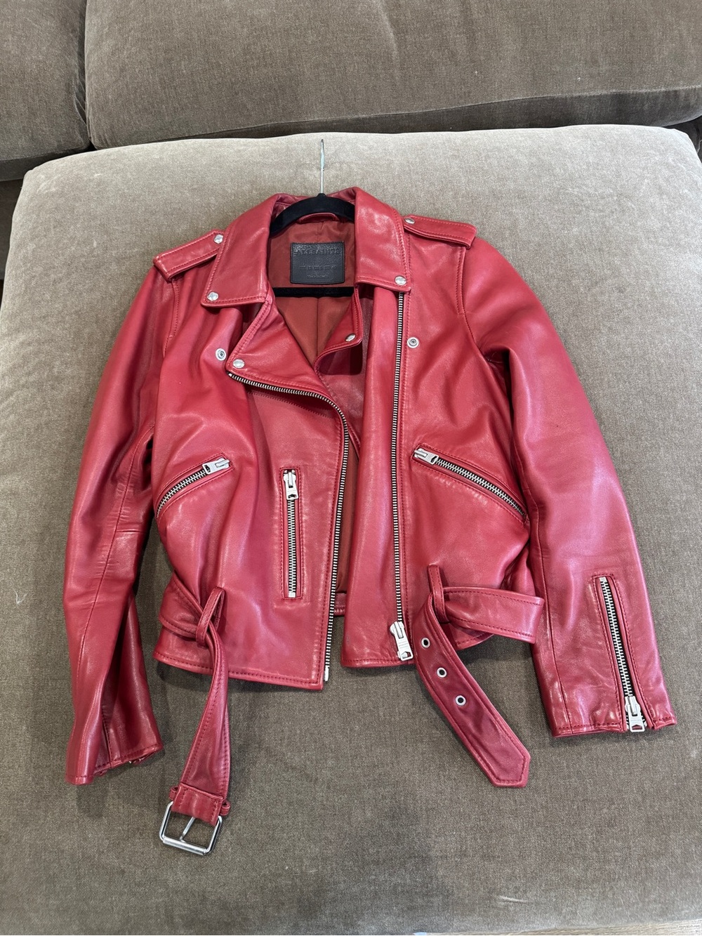 All Saints Red Leather Biker Jacket with Silver Hardware